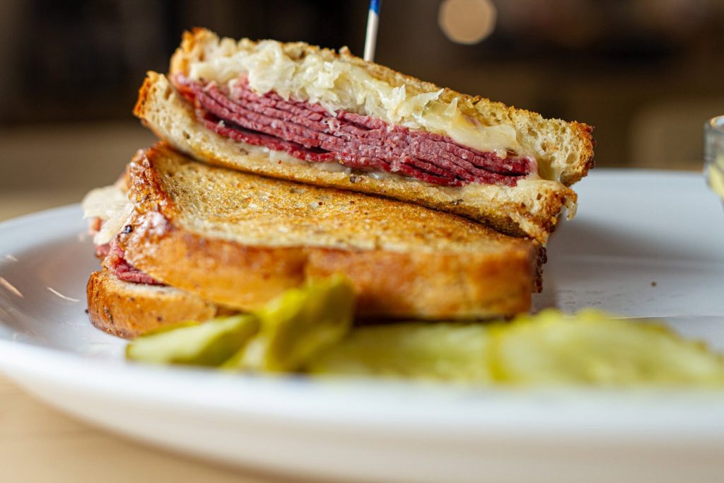 Grilled reuben sandwich with pickles made to order at Le Peep Valparaiso