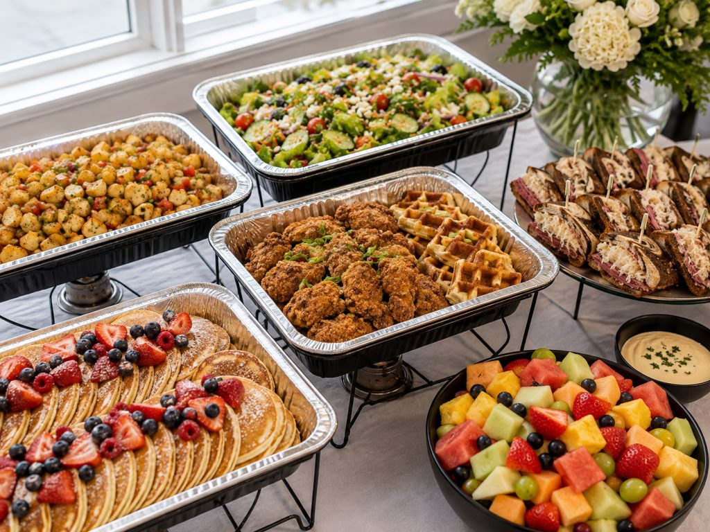 Breakfast catering Valparaiso buffet with pancakes, chicken, salad and fresh fruit from Le Peep