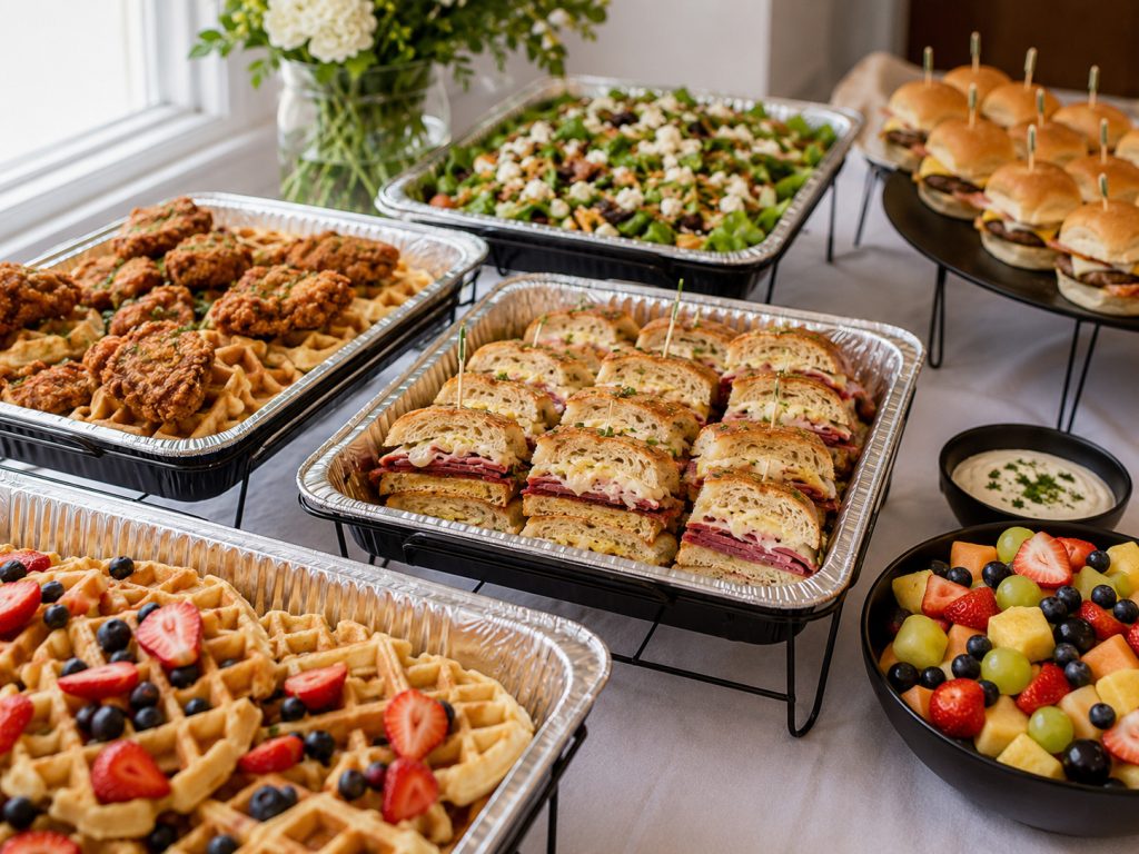 Breakfast catering Valparaiso trays of waffles, sandwiches, chicken and fresh fruit from Le Peep